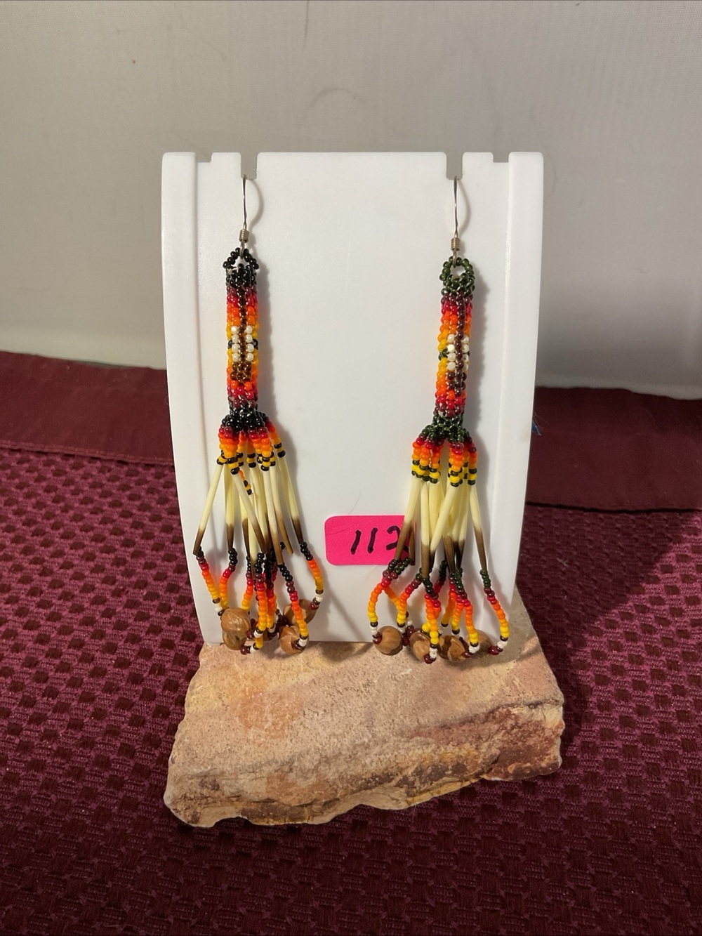 Native American handcrafted beads and quill looped dangle earrings